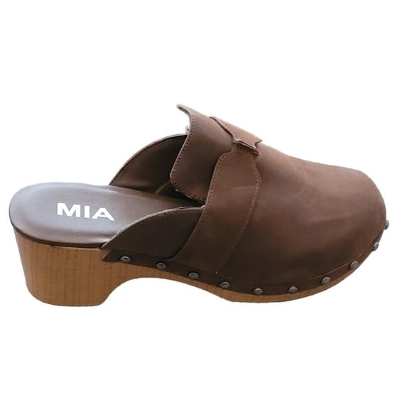 MIA Daisy Heel Clogs Brown Studs Wood Suede Slip On Vegan Leather 70s Y2K NEW - Picture 6 of 16